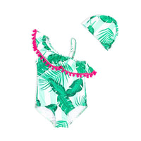 Load image into Gallery viewer, Two Pieces Little Girl Pom Pom Trim Off Shoulder Swimsuit And Hat Leaves Print Wholesale 6491625
