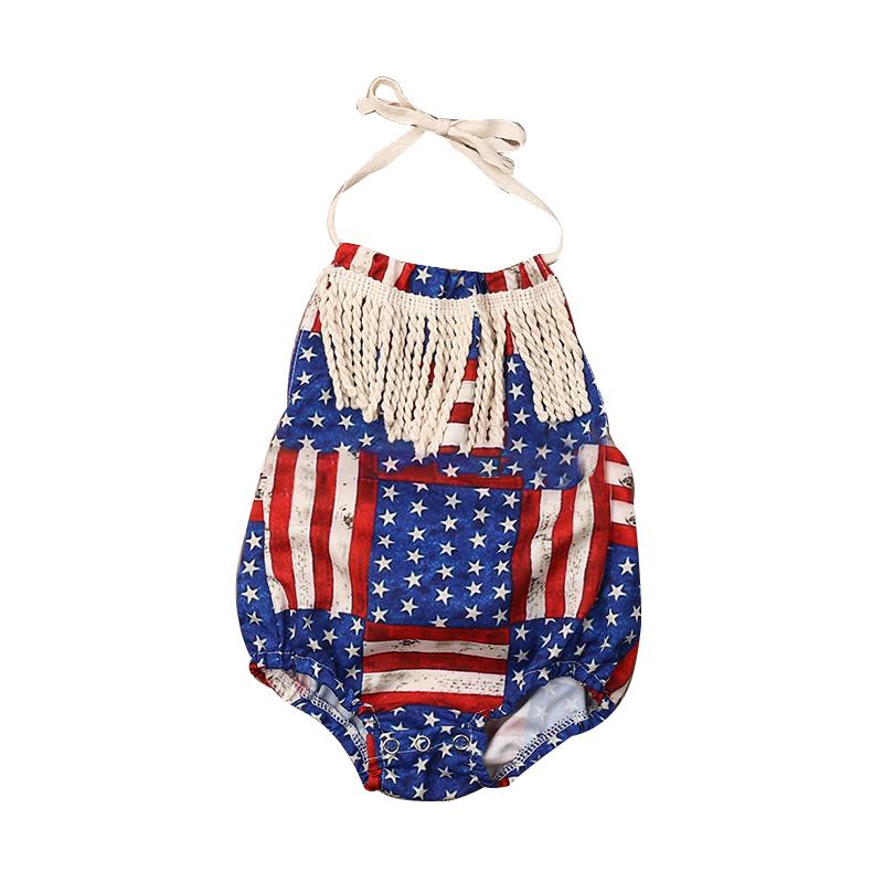 Baby Girl Independence Day  Halter Neck Tassel Stripe Star Pattern Bodysuit Wholesale 5174974