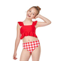 Load image into Gallery viewer, Two Pieces Kid Girl Swimsuit Set Ruffled Hem Top And Plaid Shorts Wholesale 3701490
