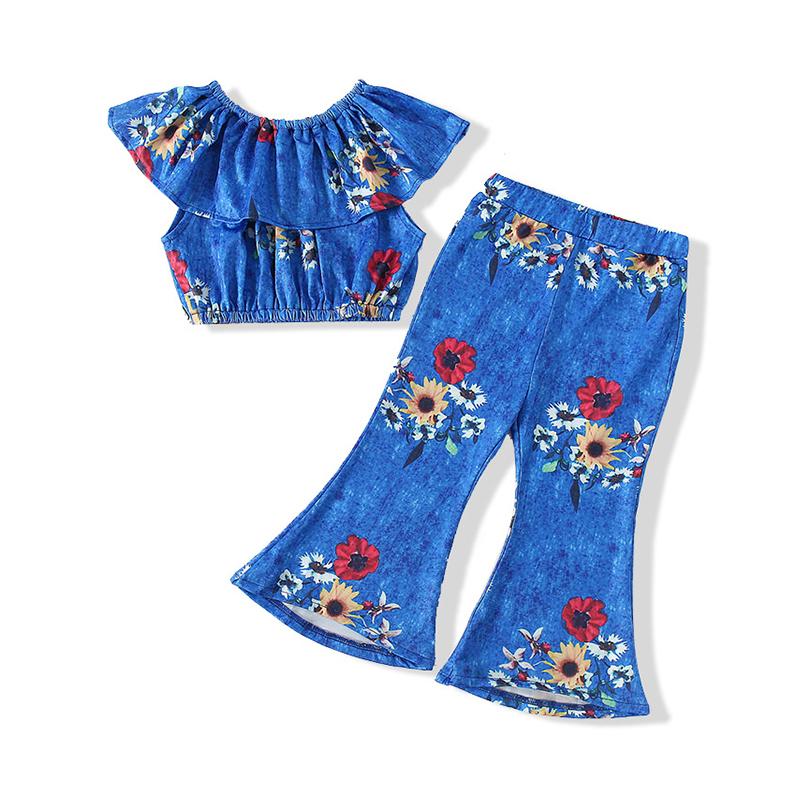 2-Piece Girl Floral Print Set Off Shoulder Crop Top And Flared Pants  Wholesale 16951588