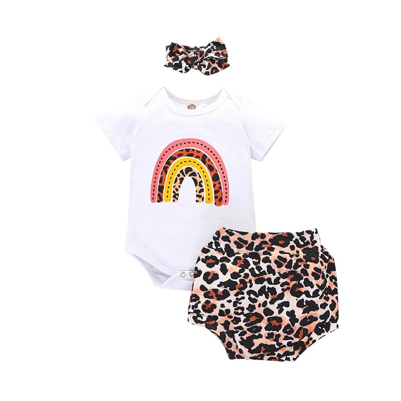 3 Pieces Baby Girl Rainbow Print Onesie + Leopard Star Shorts + Headband Outfit Wholesale 76771578