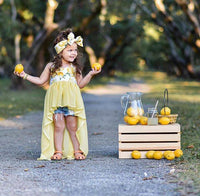 Load image into Gallery viewer, 3 PCS Girl Fruit Print Hi-Lo Halter Neck Top With Ripped Denim Shorts Headband Outfit Wholesale 8339558
