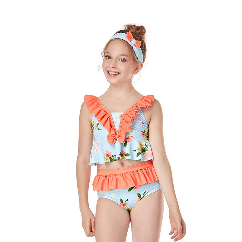 Kid Girl Flower Print Ruffle Trim Two Pieces Swimsuit Set Wholesale 5836494