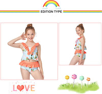 Load image into Gallery viewer, Kid Girl Flower Print Ruffle Trim Two Pieces Swimsuit Set Wholesale 5836494
