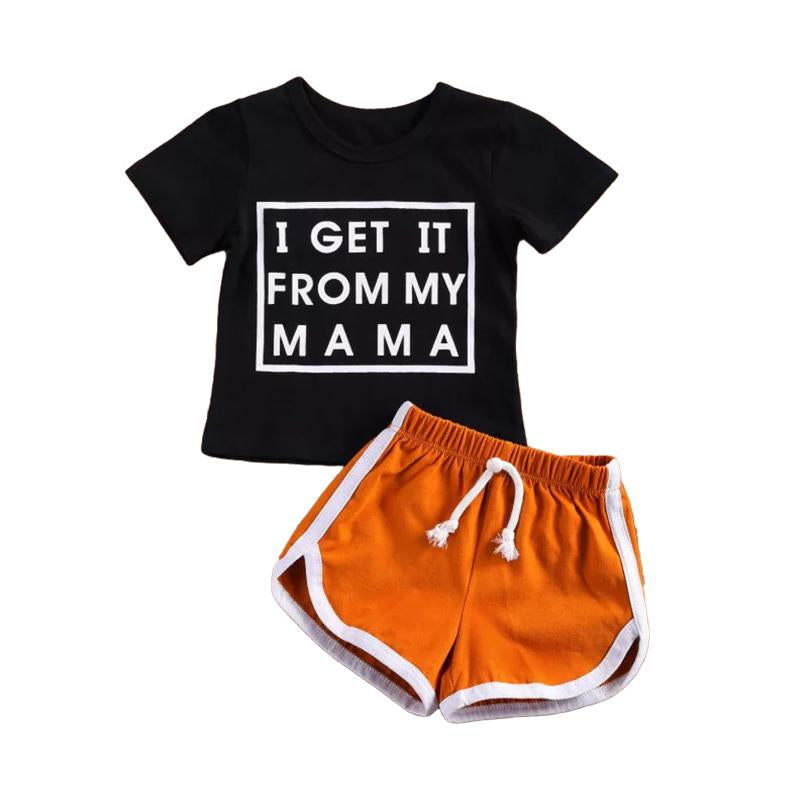 Two Pieces Kid I Got It From My Mama Print Tee Matching Track Shorts Set Wholesale 69032026