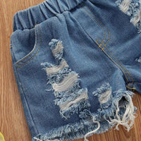 Load image into Gallery viewer, 3 PCS Girl Fruit Print Hi-Lo Halter Neck Top With Ripped Denim Shorts Headband Outfit Wholesale 8339558
