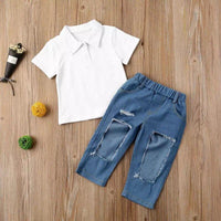 Load image into Gallery viewer, 2 Pieces White Polo Shirt Matching Ripped Jeans Set Wholesale 8265554
