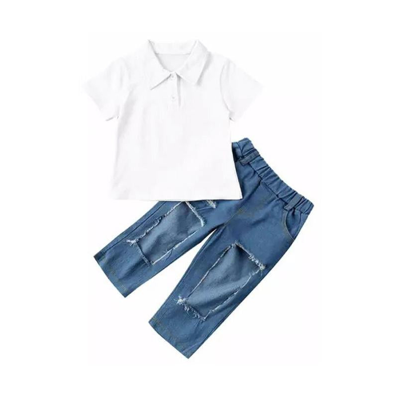 2 Pieces White Polo Shirt Matching Ripped Jeans Set Wholesale 8265554