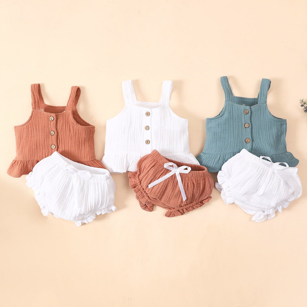 Two Pieces Baby Girl Solid Color Muslin Set Cami Button Top With Bow Shorts Wholesale 06431623