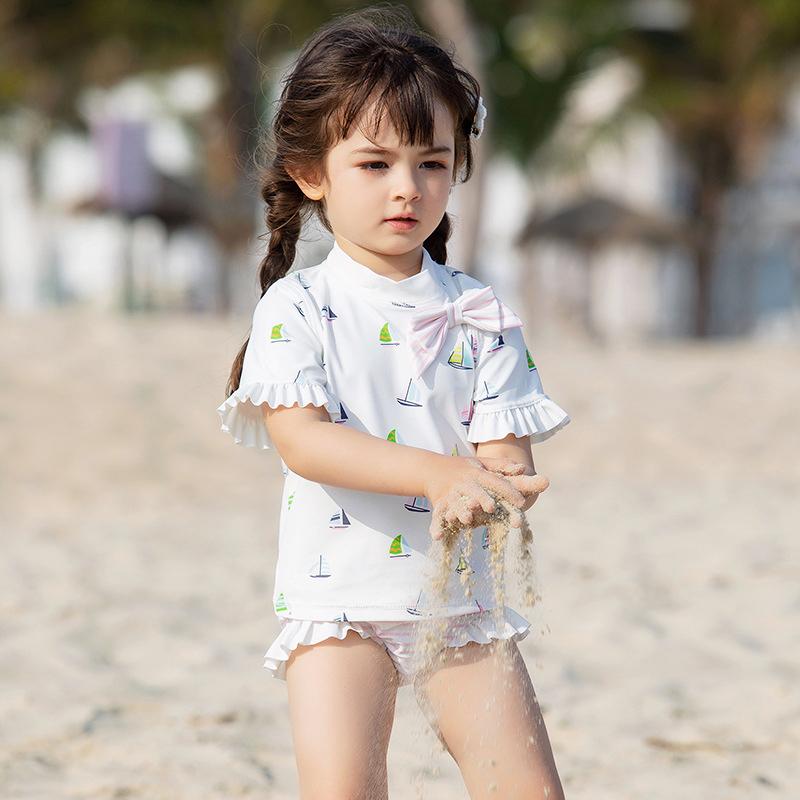 Three Pieces Girl Swimsuit Set Sailboat Top & Stripe Shorts & Hat Wholesale 6328611