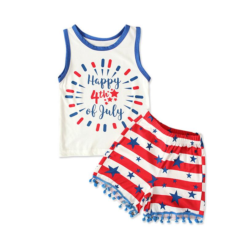Baby Toddler Happy 4th Of July Tank Top And Pom Pom Hem Star Print Shorts Set Wholesale 4783016