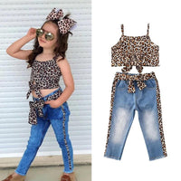 Load image into Gallery viewer, 2 Pieces Kid Girl Leopard Knotted Hem Cami Crop Top And Jeans Set Wholesale 6262552

