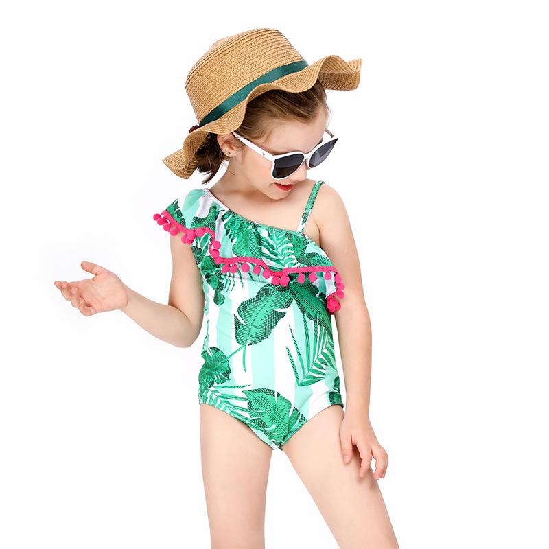 Two Pieces Little Girl Pom Pom Trim Off Shoulder Swimsuit And Hat Leaves Print Wholesale 6491625