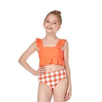 Load image into Gallery viewer, Two Pieces Kid Girl Swimsuit Set Ruffled Hem Top And Plaid Shorts  Wholesale 3701490
