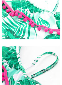 Load image into Gallery viewer, Two Pieces Little Girl Pom Pom Trim Off Shoulder Swimsuit And Hat Leaves Print Wholesale 6491625

