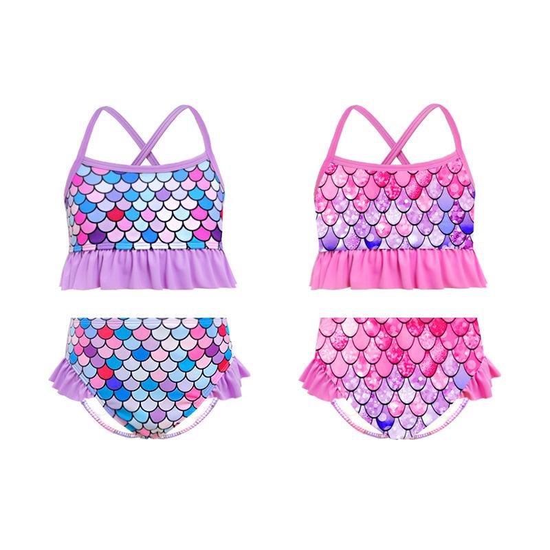 2 Pieces Kid Girl Gradient Fish Scales Print Swimsuit Set Halter Top And Shorts Wholesale 64651053