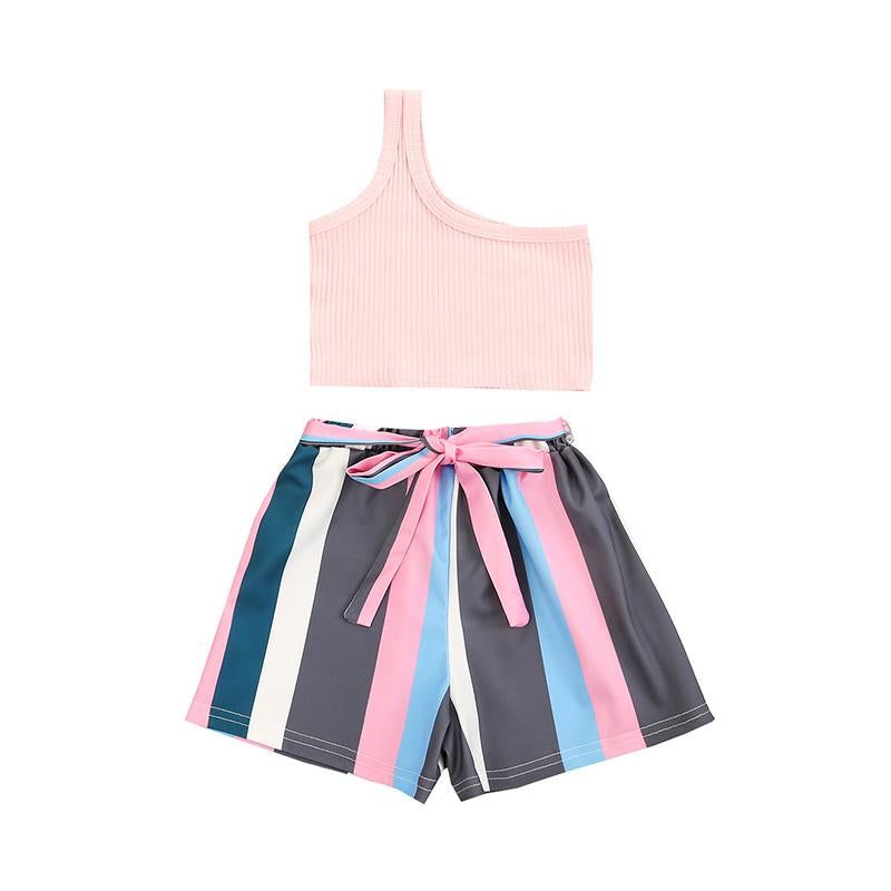 2 Pieces kid Girl One Shoulder Top With Stripe Shorts Set Wholesale 4131715