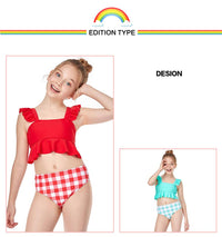 Load image into Gallery viewer, Two Pieces Kid Girl Swimsuit Set Ruffled Hem Top And Plaid Shorts Wholesale 3701490
