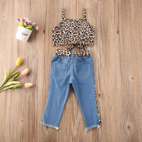 Load image into Gallery viewer, 2 Pieces Kid Girl Leopard Knotted Hem Cami Crop Top And Jeans Set Wholesale 6262552
