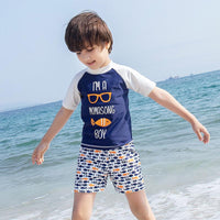 Load image into Gallery viewer, 3 PCS Boy Letter Fish Print Swimsuit Top Shorts Hat Wholesale 7164607
