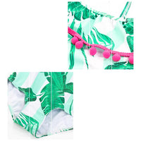 Load image into Gallery viewer, Two Pieces Little Girl Pom Pom Trim Off Shoulder Swimsuit And Hat Leaves Print Wholesale 6491625
