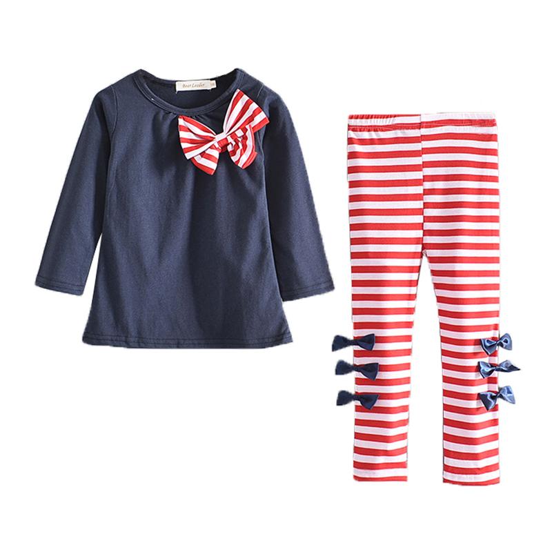 Two-piece Kid Girl Bow Top And Stripe Pants Set Wholesale 6719546