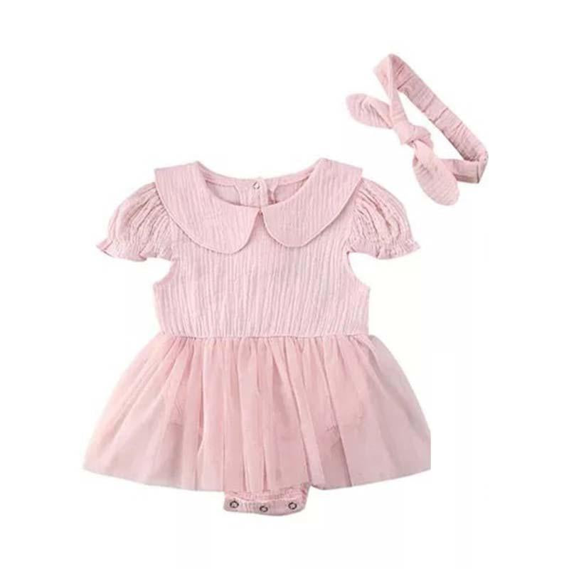 2 Pieces Baby Girl Muslin Mesh Solid Color Romper Dress With Headband Wholesale 1192569