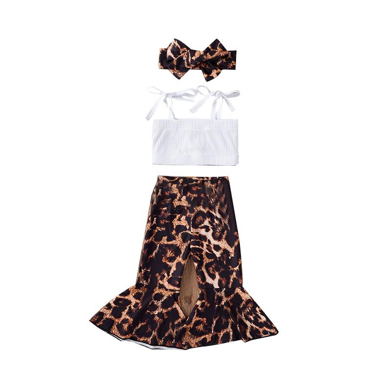 3 Pieces Baby Girl Knotted Cube Top & Leopard Bell Pants & Headband Set Wholesale 17401156