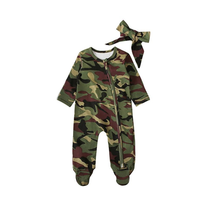 2 Pieces Infant Boy Camouflage Footed Jumpsuit & Headband Wholesale 39695157