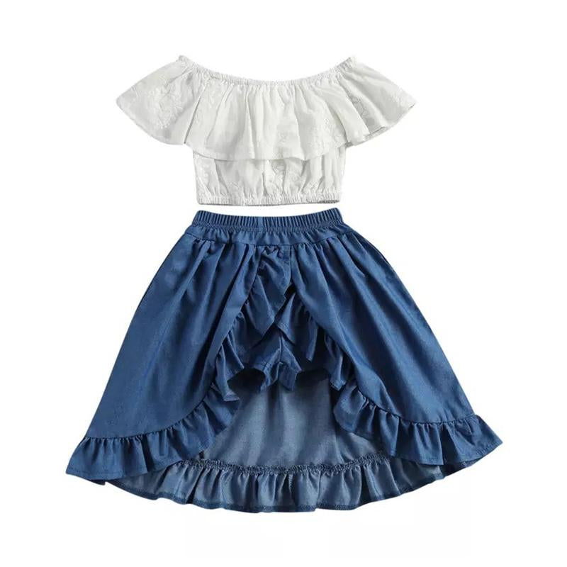 Two Pieces Girl Embroidered Off Shoulder Top & Hi-lo Hem Skirt Set Wholesale 8354566