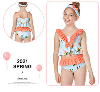 Load image into Gallery viewer, Kid Girl Flower Print Ruffle Trim Two Pieces Swimsuit Set Wholesale 5836494
