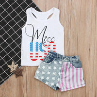 Load image into Gallery viewer, 2 Pieces Little Girl Independence Day Outfit Miss USA Print Tank Top &amp; Star Stripe Denim Shorts Wholesale 2617019
