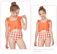 Load image into Gallery viewer, Two Pieces Kid Girl Swimsuit Set Ruffled Hem Top And Plaid Shorts Wholesale 3701490
