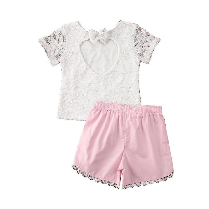 Two Pieces Kid Girl Lace Flower Top & Lace Trimming Shorts Set Wholesale 4768561