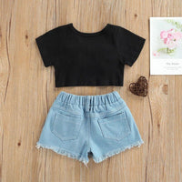 Load image into Gallery viewer, 2 Pieces Kid Girl Knotted Black Top And Denim Shorts Set Wholesale 7020549
