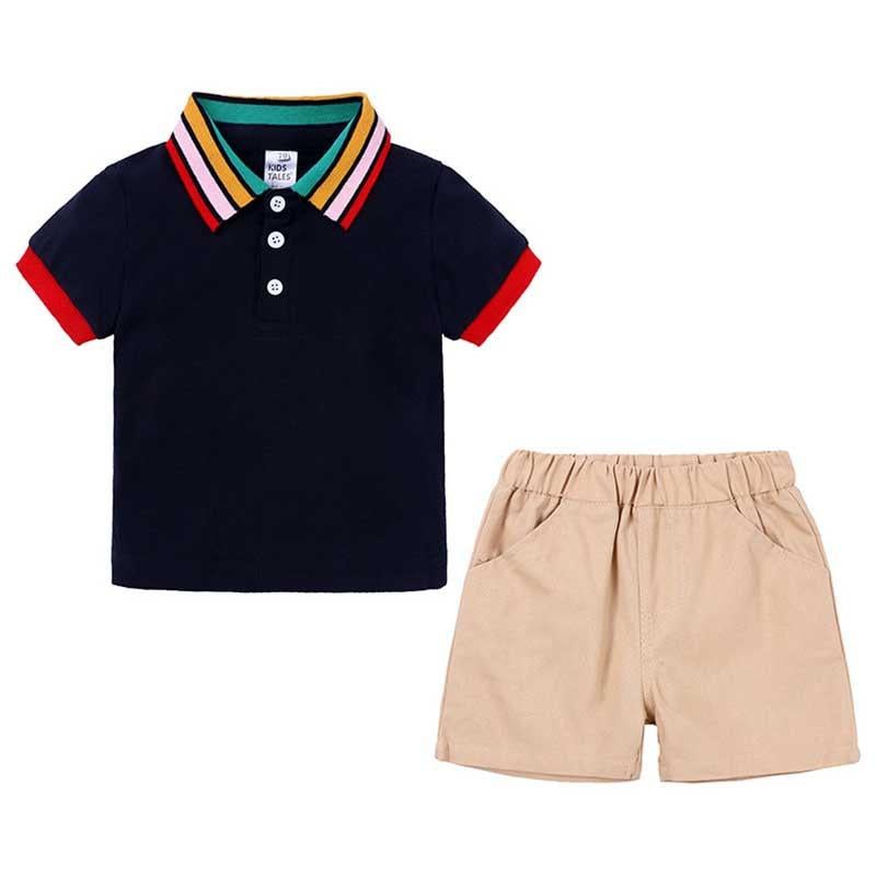 2 Pieces Baby Boy Stripe Polo T-shirt & Shorts Set Wholesale 087131