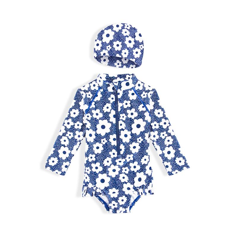 Little Girl Flower Pattern Long Sleeve Swimwear And Hat Wholesale 7098608