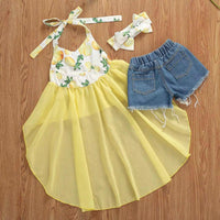 Load image into Gallery viewer, 3 PCS Girl Fruit Print Hi-Lo Halter Neck Top With Ripped Denim Shorts Headband Outfit Wholesale 8339558
