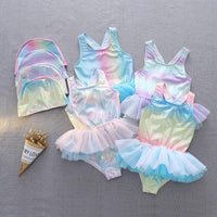 Load image into Gallery viewer, Kid Girl Mermaid One Piece Mesh Tank Swimsuit And Hat Wholesale 19561110
