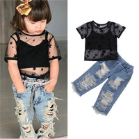 Load image into Gallery viewer, Three Pieces Kid Girl Star Mesh Top &amp; Cropped Cami Top &amp; Ripped Jeans Onesie Wholesale 1214553
