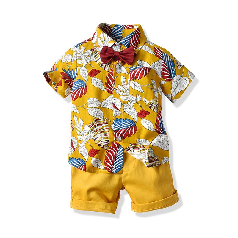 2 Pieces Little Boys Tropical Print Bowtie Shirt With Shorts Set Wholesale 6779286