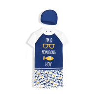 Load image into Gallery viewer, 3 PCS Boy Letter Fish Print Swimsuit Top Shorts Hat Wholesale 7164607
