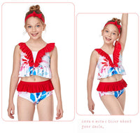 Load image into Gallery viewer, Two Pieces Kid Girl Swimsuit Set Ruffled Hem Top And Plaid Shorts Wholesale 3701490
