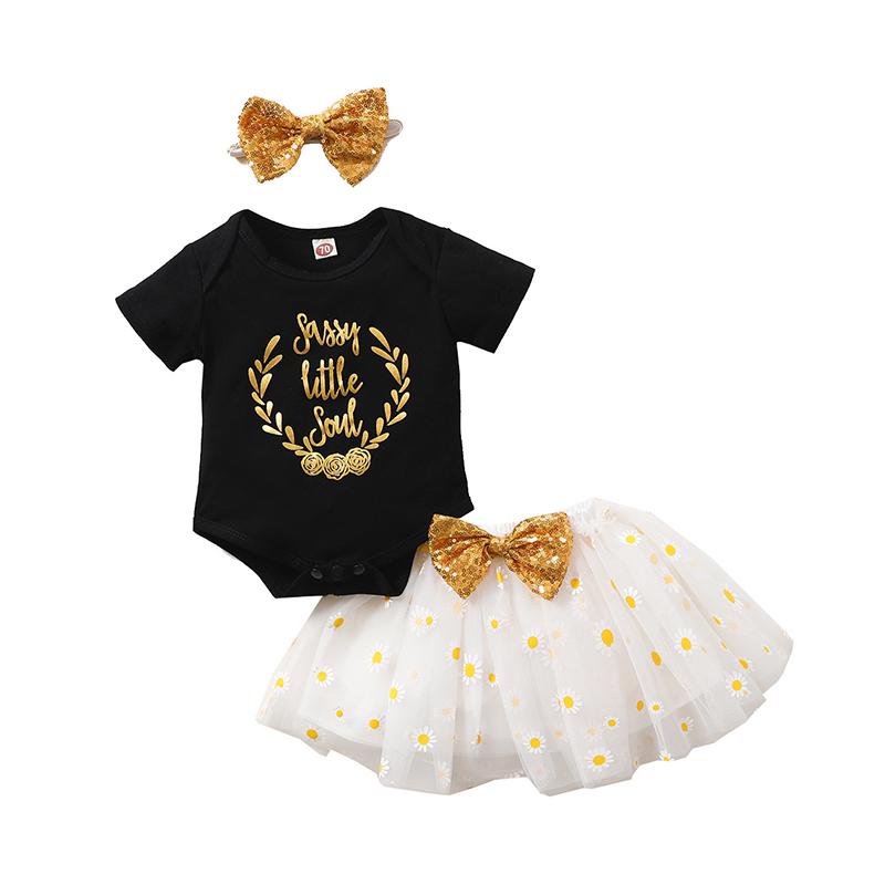 3 Pcs Baby Girl Letter Print Onesie Daisy Flower Mesh Skirt Sequins Headband Set Wholesale 91881653