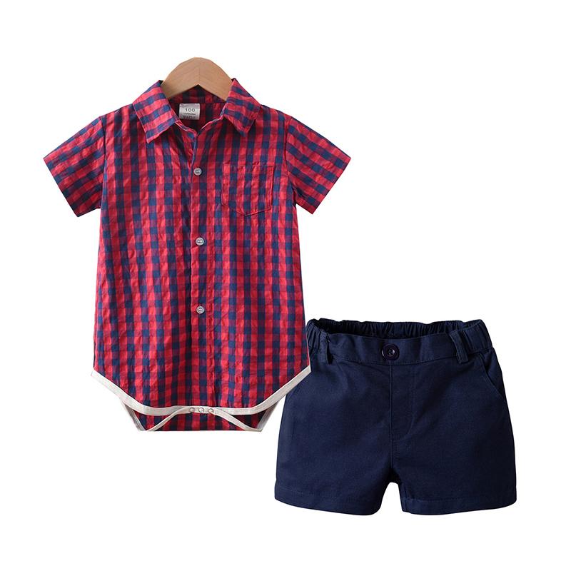 Two-Piece Baby Boy Checked Pattern Shirt Bodysuit With Shorts Outfit Wholesale 95652050