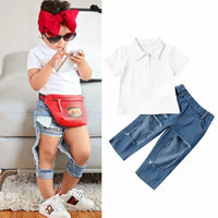 Load image into Gallery viewer, 2 Pieces White Polo Shirt Matching Ripped Jeans Set Wholesale 8265554
