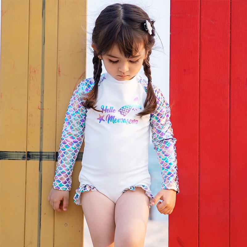 One-piece Girl Mermaid Print Long Sleeve Swimsuit And Hat Wholesale 7771605