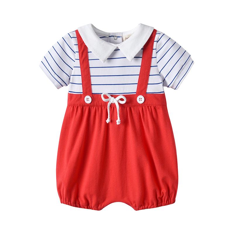 Baby Boy Fake Two Pieces Contrast Collar Stripe Romper Wholesale 4708298