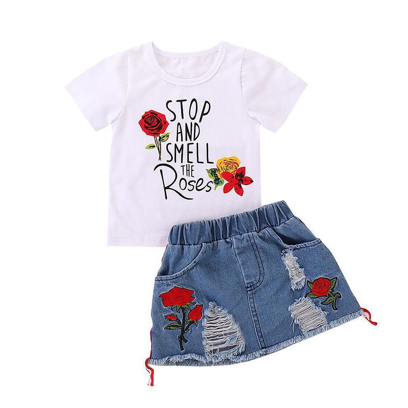 2 Pieces Kid Girl Stop And Smell The Roses Set Tee With Ripped Denim Skirt  Wholesale 90491941