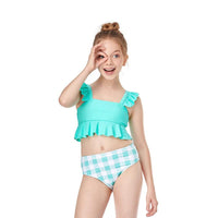 Load image into Gallery viewer, Two Pieces Kid Girl Swimsuit Set Ruffled Hem Top And Plaid Shorts Wholesale 3701490
